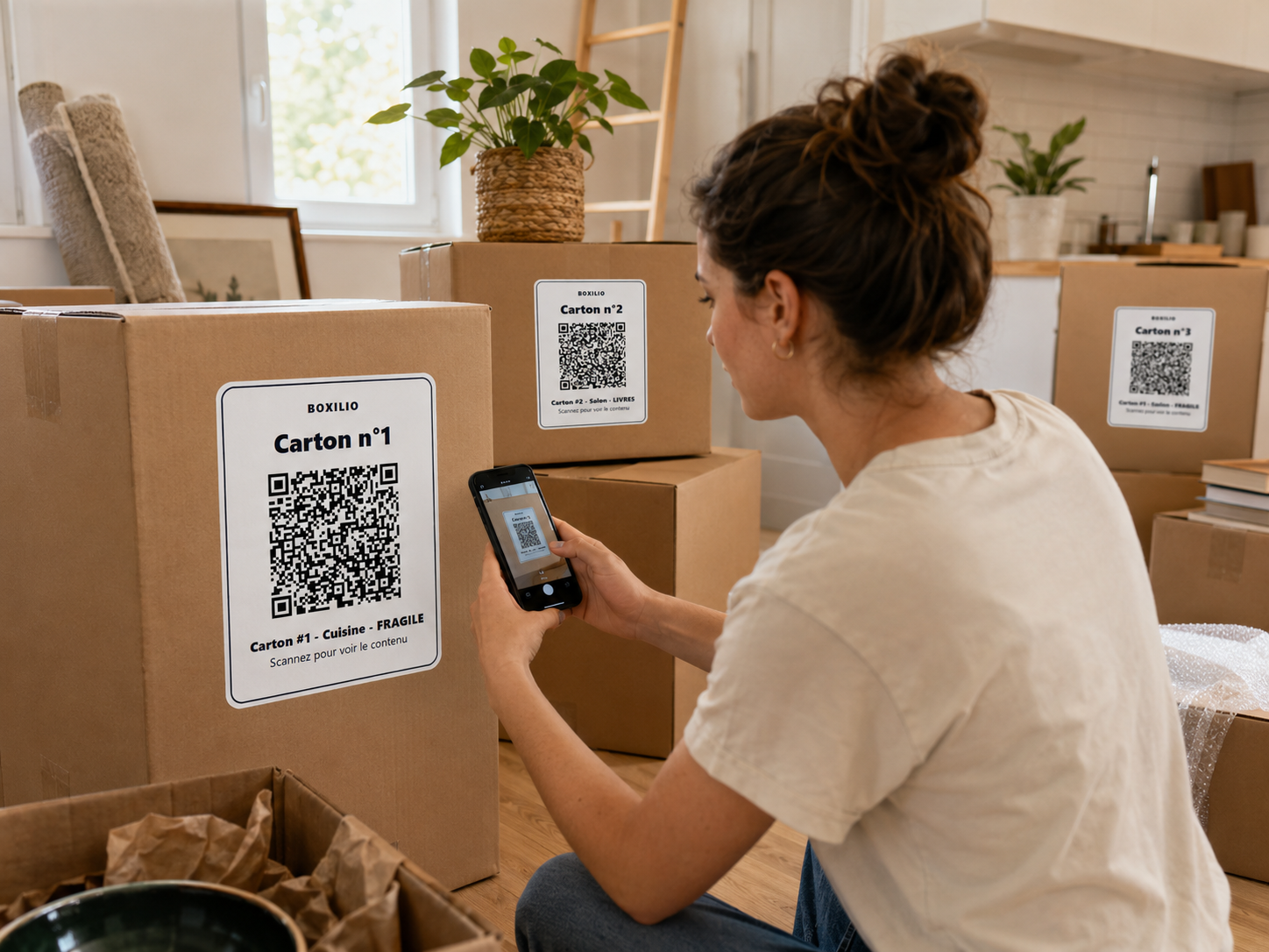 Cartons de déménagement étiquetés avec un inventaire Boxilio consultable sur ordinateur